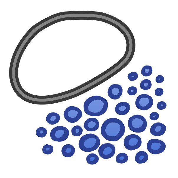 a black line with a grey interior encircles empty space. Outside this area is a collection of blue circles in various shades and sizes. Each circle has a thick dark blue outline.